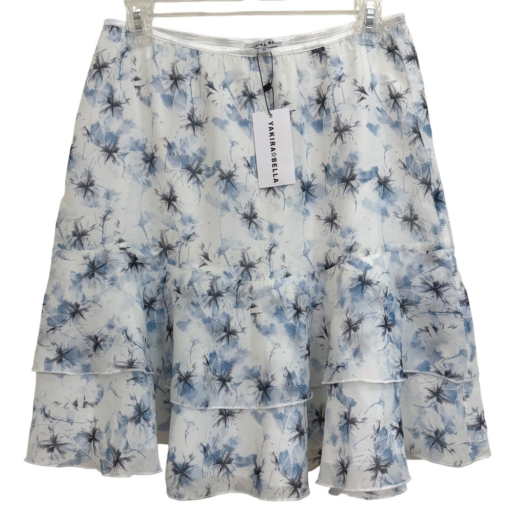 Coquette Flirty Yakira Bella Giselle Floral Tiered Ruffle Skirt White Blue M NWT